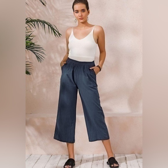 NWT - ECUPPER Casual Loose Elastic Waist Cotton Trouser Cropped Wide Leg Pants - Picture 1 of 7